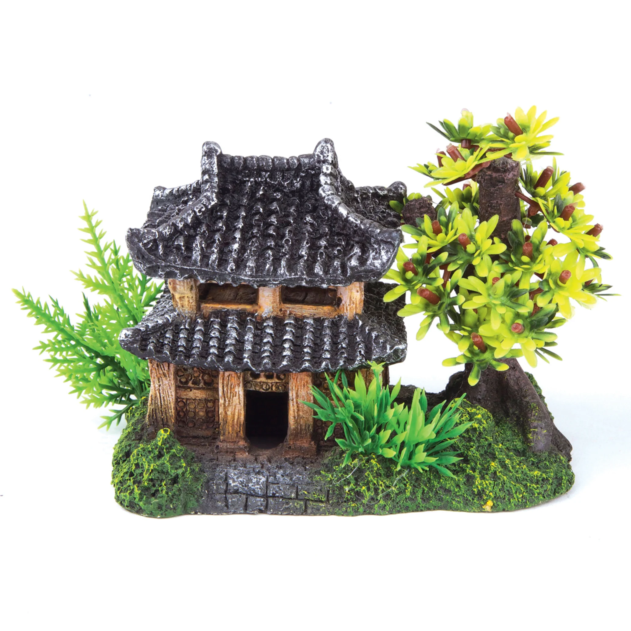 Jungle Hut With Plants Aquarium Ornament