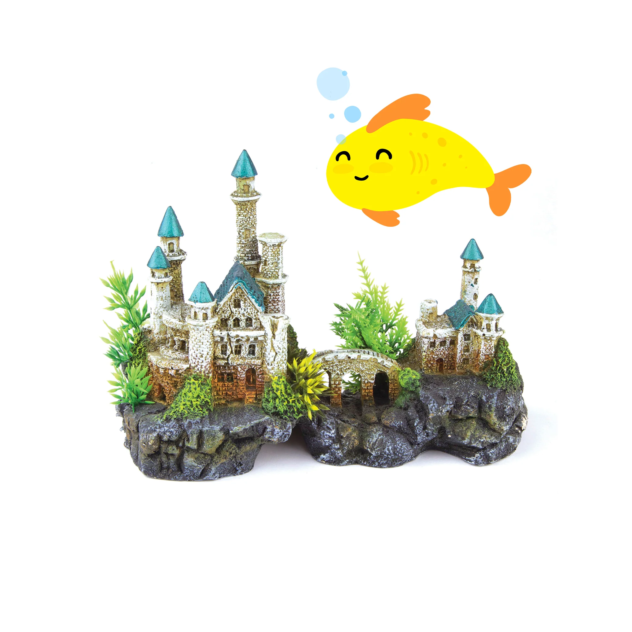 Mountain Castle With Plants Aquarium Ornament