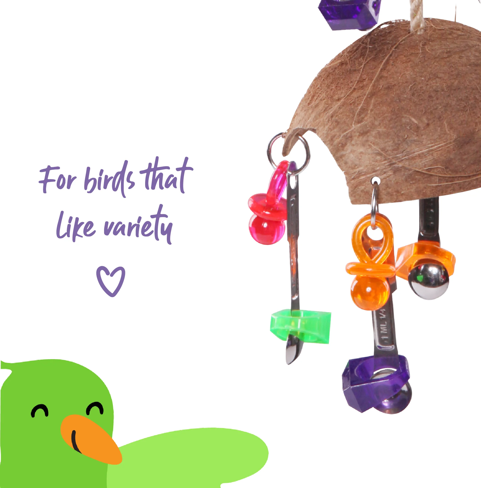Split Coconut with Toys and Spoons Bird Toy - Image 3